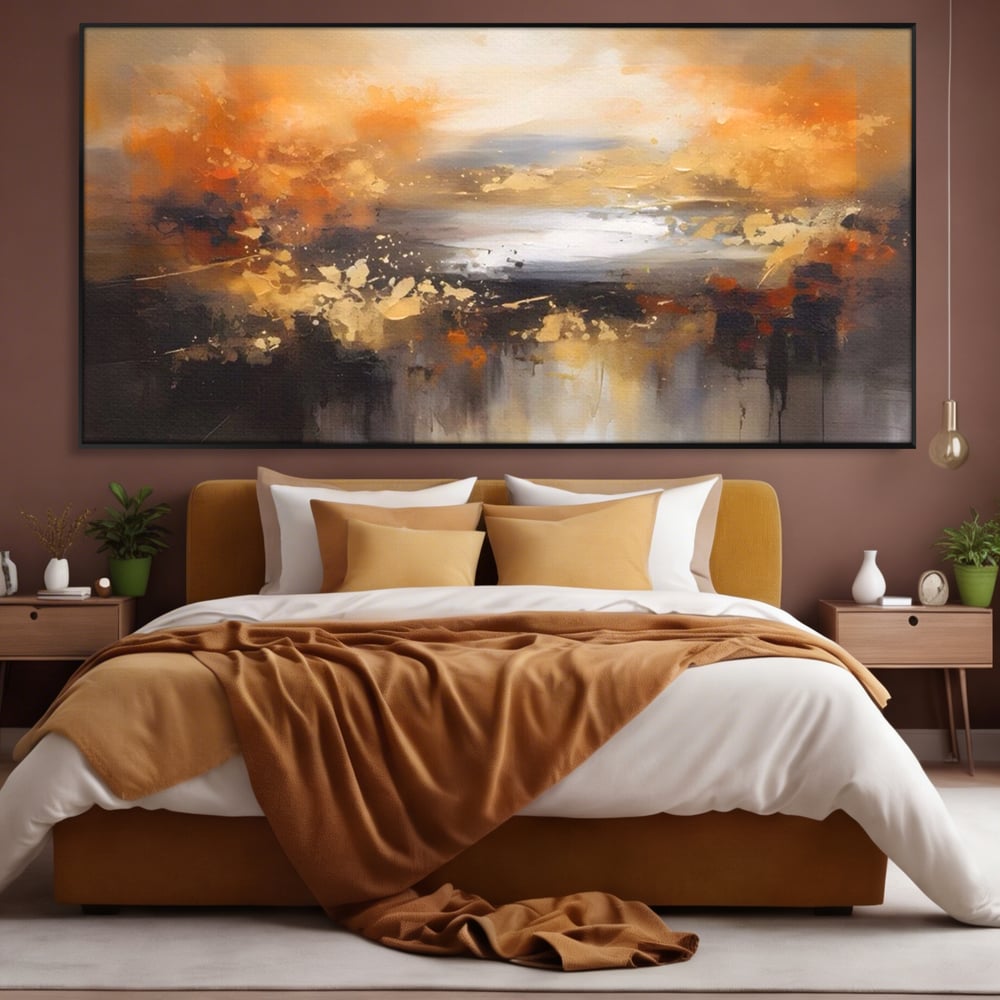 Tablou canvas cu tablou canvas peisaj abstract orizontal, in rama de aluminiu negru, pe perete intr-un dormitor